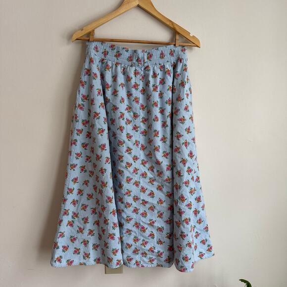 80's 90's Vintage Midi Length Baby Blue Pink Floral Button Cottage Core Skirt M - Picture 4 of 6